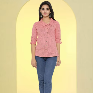 Camisa de Algodón con Estampado Tipo Slub Color Durazno para Mujer, con Botones en la Parte Delantera y Mangas Tres Cuartos, Diseño Informal Internacional - Product Image 1