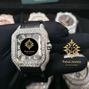 Montre mécanique à cadran carré, lunette sertie de strass, chiffres romains, boîtier en acier inoxydable, bracelet en cuir véritable, verre saphir, style hip-hop - Product Image 2