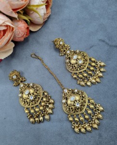 Handcrafted Leaf Pattern Pearl Fringe Drop <b>Gold</b> Plated Earrings & Mangtika Combo <b>Set</b> For Women Traditional Ethnic Wear <b>Jewellery</b> - Product Image 2