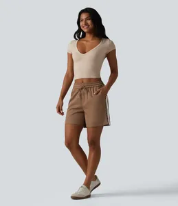 Women's Mid Waist Nonwoven <b>Shorts</b> Drawstring Pockets Solid Color Casual Style Breathable Eco-Friendly Waterproof Polyester - Product Image 4