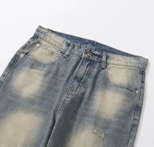 Jean décontracté pour homme, coupe droite, confortable et tendance, en denim épais et respirant, taille élastique, délavé clair uni - Product Image 4