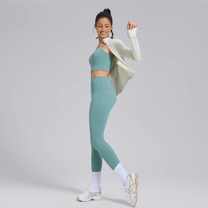 Ensemble de sport premium 2 pièces pour femme avec veste de yoga à manches longues, leggings de fitness taille haute anti-transpiration, vente en gros OEM ODM - Product Image 2