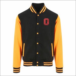 เสื้อแจ็คเก็ตวาร์ซิตี้สีดำเหลืองสำหรับผู้ชาย ปกคอปกติ ติดกระดุมด้านหน้า ปักโลโก้ O สไตล์พรีปปี้ เหมาะสำหรับใส่ในฤดูใบไม้ร่วง ทรงปกติ - Product Image 1