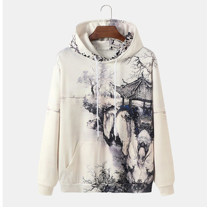 Sudadera con Capucha Estilo Chino para Hombre, Diseño de Paisaje Impreso, Tejido de Algodón, Corte Regular, para Otoño, con Bolsillo - Product Image 1
