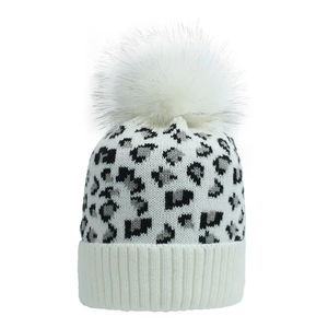 Factory Direct Sales ODM Fashion Warm Thick Jacquard <b>Lady</b> Leopard Print Knit With Pompoms Winter <b>Beanie</b> <b>Hats</b> - Product Image 4