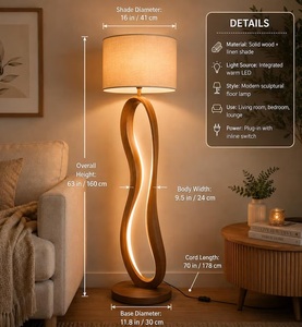 Modern Sculptural Wooden Floor Lamp with Warm LED Light, Linen Shade and Inline Switch - Product Image 3