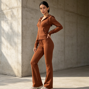 Women's Brown Hooded Sweatshirt Set Full Sleeve Solid Color Knitted Two Piece Casual Outfit Long Pants and <b>Top</b> - Product Image 1