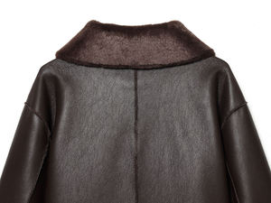 Chaqueta de Cuero PU Marrón con Cuello de Piel Sintética, Cuello Vuelto, Forro de Piel Sintética, Cierre de Botones, Chaquetas de Cuero Casuales de Invierno - Product Image 4