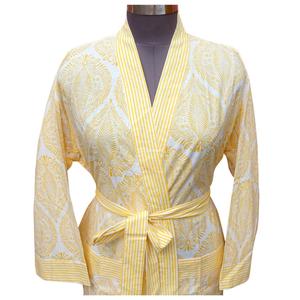 Robe Kimono en Coton Fait Main Indien, Col en V, Manches Longues, Fermeture à Ceinture, Imprimé Rayé, Douce et Respirante, Tenue Décontractée de Printemps pour Dormir - Product Image 3