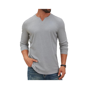 T-shirt décontracté à manches longues et col en V pour homme, t-shirt classique basique uni - Product Image 1