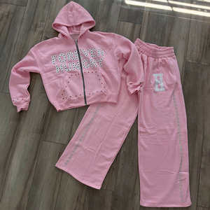 Nouvelle Tendance Hiver Vintage Streetwear Survêtement Épais en Coton Unisexe avec Logo Personnalisé Imprimé et Strass Solides, Ensemble 2 Pièces (Sweat à Capuche et Pantalon de Survêtement) - Product Image 1