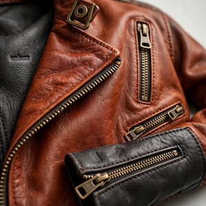 Blouson de moto en cuir personnalisé pour homme, color-block, fermeture éclair, col montant, style motard, pour l'automne - Product Image 6
