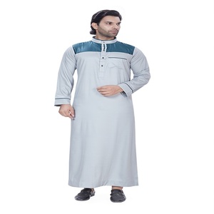 <b>Men's</b> Light Gray Long Sleeve <b>Thobe</b> Stand Collar Floor Length Casual Cotton Regular Fit Middle East Ethnic Daily Wear Colorblock - Product Image 2