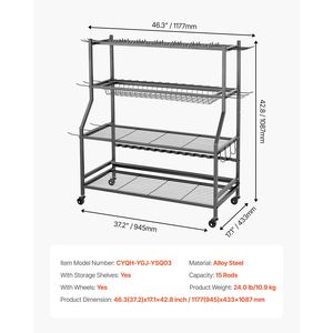 Carrello Portacanne da Pesca Mobile con 15 Aste e Ruote, Organizzatore per Attrezzatura da Pesca, Uso Domestico e in Garage - Product Image 4