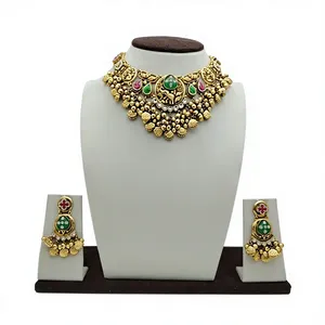 Gold Temple Jewelry Necklace Set With Green And Red Stones Bridal <b>Choker</b> With Matching Earrings South Indian Style - Product Image 3