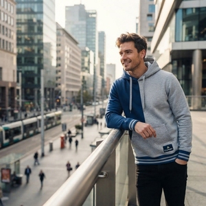 <b>Men's</b> <b>Grey</b> Blue Color Block Hoodie Pullover <b>Sweatshirt</b> Casual Streetwear Fleece Hooded <b>Sweatshirt</b> Custom OEM Clothing - Product Image 3