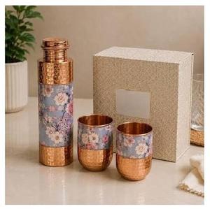 Oriental Floral <b>Metal</b> <b>Water</b> <b>Bottle</b> with Copper Lid and Matching Cups Set for Travel - Product Image 1