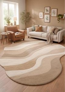 Luxury Modern Wool Anti-Slip Medium Pile Tufted Regular Area Rug Cream Beige Tan Abstract Wave Shaped Living Room Bedroom - Product Image 4