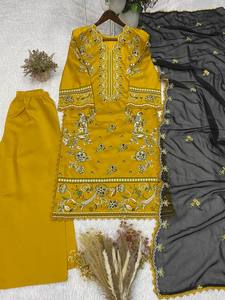 TENNECY Women's Solid Party Roman Embroidered Work <b>Top</b> Plazzo and Dupatta Set - Product Image 3