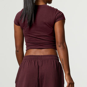 Women Solid Color Knitted Crew Neck <b>Crop</b> <b>Top</b> Casual Short Sleeve T-Shirt Maroon - Product Image 4