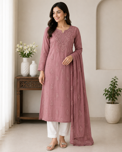 Kurti ethnique rose poudré brodé à la main Chikankari pour femme, coupe droite, motif floral exclusif - Product Image 1