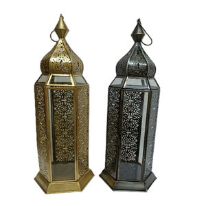 Ensemble de 2 lanternes à bougies en métal, finition antique, métal/verre, écologiques, décorations suspendues et de table pour la maison, Noël, utilisation en extérieur - Product Image 1