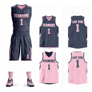 Ensemble de tenue de basketball bleu marine et rose, maillot et short personnalisés en polyester, respirant et à séchage rapide, pour l'entraînement sportif - Product Image 1