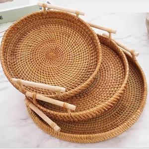 Rattan <b>tray</b> Handwoven Rattan Storage Basket Round Wicker Organizer Woven <b>Tray</b> for Kitchen Home - Product Image 1
