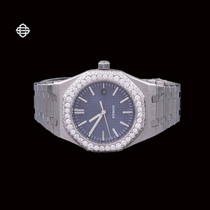 Montre de luxe scintillante pour homme, style hip-hop, mouvement à quartz analogique ETA, bracelet en alliage d'acier inoxydable, cadran bleu, moissanite - Product Image 1