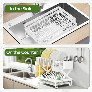 Égouttoir à vaisselle pliable à 2 niveaux avec porte-couverts et support pour planche à découper, organisateur de cuisine en métal - Product Image 6