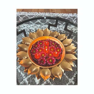 Traditional Metal Urli Bowl with 8 Lotus Tea Light Holders for Diwali Decoration Floral <b>Floating</b> <b>Candle</b> Pot Wedding Centerpiece - Product Image 4