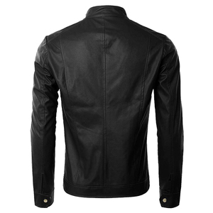 Blouson moto homme noir en cuir PU écologique, col montant, fermeture éclair, coupe ajustée, longueur standard, couleur unie, pour l'hiver - Product Image 2