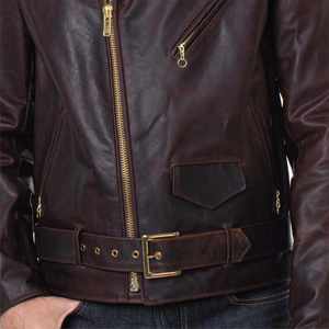 Chaqueta de Cuero Genuino Premium para Hombre, Estilo Motero Vintage Marrón, Corte Ajustado, Piel de Vacuno Auténtica, con Cierres Dorados - Product Image 5