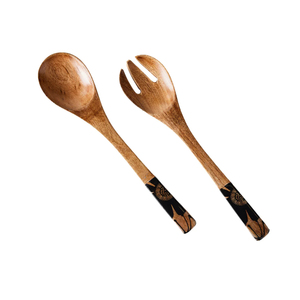 Handcrafted Eco-Friendly Mango Wood Salad Servers Set Long Handle Wooden <b>Serving</b> <b>Spoon</b> And Fork With Decorative Enamel Print - Product Image 6