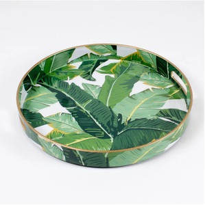 Bandeja de Servir con Diseño Bohemio, Borde Dorado y Patrón de Hojas Tropicales, Bandeja Decorativa de Madera y Esmalte, Exportador OEM ODM - Product Image 1