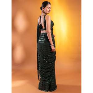 Atractivo verde oscuro Lentejuelas Georgette Mehendi Wear Saree - Product Image 2