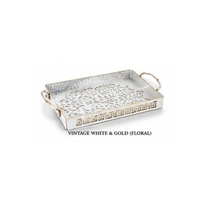 Plateau de service vintage blanc et or à motifs floraux avec poignées, finition peinte, usage résidentiel - Product Image 1