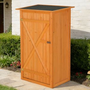 Armadio da Giardino Impermeabile per Esterni, Casetta Porta Attrezzi in Legno con Tetto Piatto e Porta con Serratura per Stoccaggio all'Aperto - Product Image 1