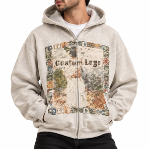 Sweat-shirt unisexe vintage à fermeture éclair intégrale, motif mosaïque craquelée, beige délavé, grammage lourd, style rétro bohème, imprimé OEM - Product Image 1