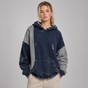 OEM Custom <b>Women's</b> Cotton Vintage Wash Distressed <b>Hoodie</b> <b>Navy</b> Blue Grey Panel Ripped Pullover Heavyweight Streetwear Wholesale - Product Image 1