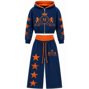 Men Blue Orange Star Print Stonewashed Tracksuit Set Full Length 100% Cotton 450 Gsm Acid Wash Casual Loose Fit Winter Wear - Product Image 2