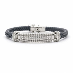925 Sterling <b>Silver</b> Cubic Zirconia Bracelet High Polish Braided Leather Cord Modern <b>Mens</b> Unisex <b>Bangle</b> for Wedding Party Daily - Product Image 1