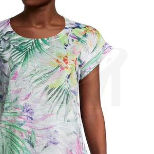 Camiseta Casual para Mujer con Estampado de Palmeras Tropicales y Adornos de Pedrería, Corte Regular, Primavera Verano, Tejido de Poliéster - Product Image 4