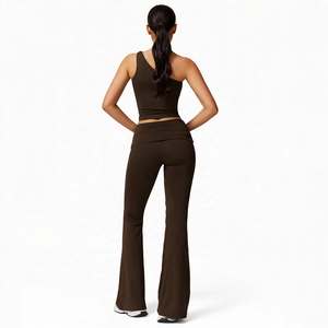Women's Double Waist Wholesale One Shoulder <b>Striped</b> High-Waisted Front Yoga Sets Halter Crop <b>Tops</b> Capri Shorts Spandex/Nylon - Product Image 3