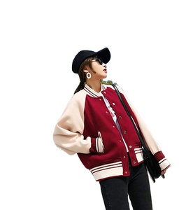 High Quality Splicing Color Leather Sleeves Women's Varsity Jackets Button Down <b>Distressed</b> Outerwear Classic Oversized Jacket - Product Image 5