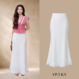 Falda Larga Maxi de Sirena para Mujer, Blanca, de Cintura Alta, con Ribete de Encaje Blanco, Elegante, Lisa, de Poliéster Suave, VANESSA - Product Image 1