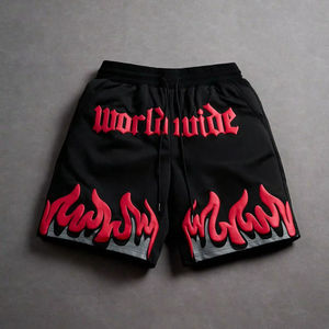 Streetwear Men's Casual Summer Graphic Shorts Flame Letter Print <b>Elastic</b> Waist Beach Shorts Black Polyester Puff Printed Shorts - Product Image 2