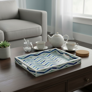 Bandeja de Servir Hecha a Mano con Incrustaciones de Hueso |   Bandeja Decorativa India con Incrustaciones de Resina y Asas |   Bandeja Organizadora de Lujo para Decoración de Mesa de Centro - Product Image 5