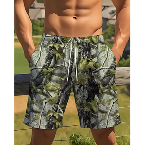 <b>Men's</b> Custom Front Logo Summer Gym Wear Activewear Quick-Drying Sports <b>Shorts</b> Leaf Camouflage Drawstring Closure 100% Polyester - Product Image 3