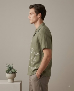 Chemise décontractée pour homme en coton vert à manches courtes avec broderie florale faite à la main, col marin, tenue d'été, belle chemise - Product Image 2